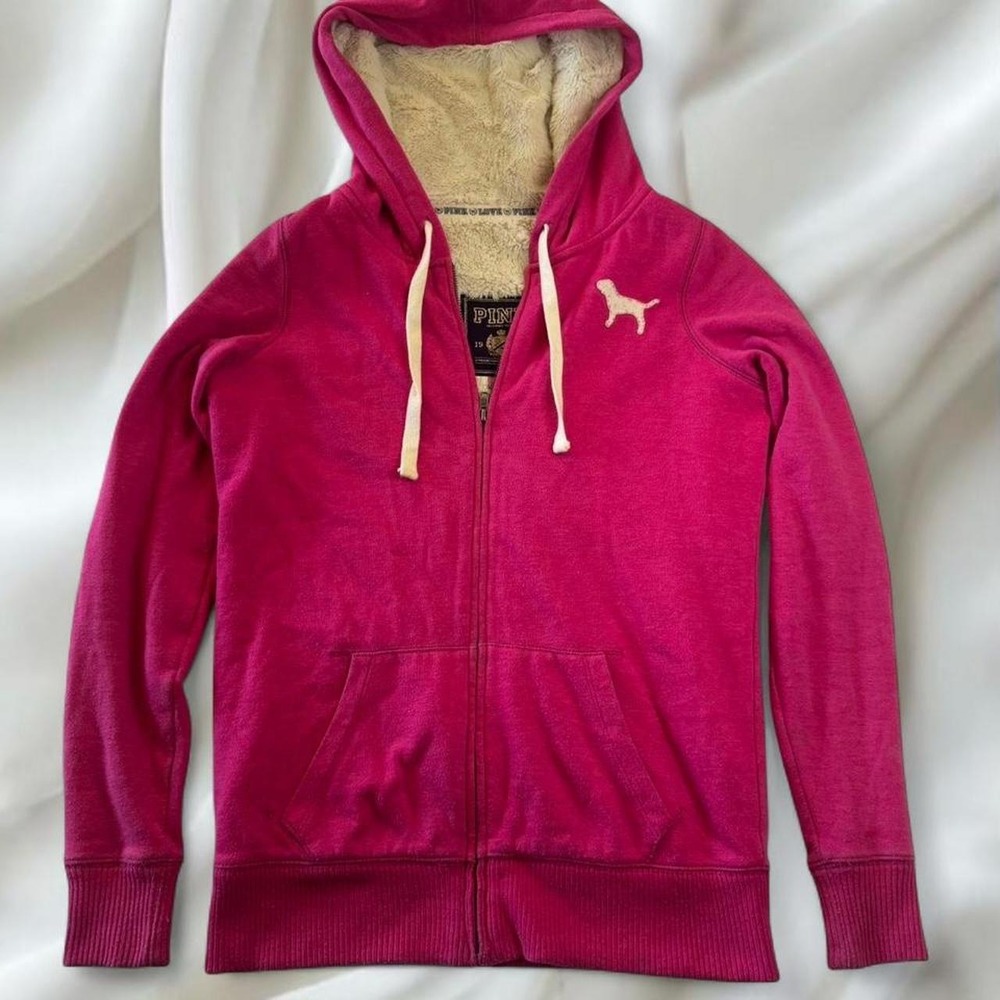 Y2K‎ vintage 2010 Victoria's Secret PINK pink fur lined graphic zip-up jacket